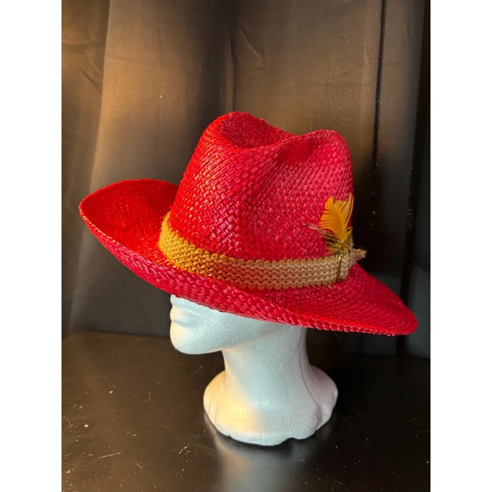Red Straw Cowboy Hat‎ with Woven Band and Feather Accent Western Style Fedora
